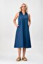 Women's V-Neck Pocketed Cotton Fabric Dress Indigo