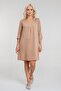 Women's Pocketed 3/4 Sleeve Non-Stretch Shoulder Gathered A-Line Pleated Cotton Woven Fabric Legendary Dress Beige