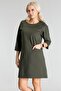 Women's Three Quarter Sleeve Crew Neck Dress with Pockets Khaki Front Pocket - 3