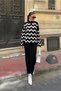 Women's Half High Collar Zigzag Pattern Sweater and Sleeveless V-Neck Long Dress Bottom-Top Knitwear Set Black - 4