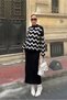 Women's Half High Collar Zigzag Pattern Sweater and Sleeveless V-Neck Long Dress Bottom-Top Knitwear Set Black