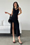 Women's Tulle Collar Detailed Sleeveless Slit Long Dress Black