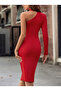 Women's One Shoulder Open Long Sleeve Turtleneck Midi Imported Crepe Dress - 3