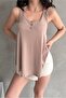 Women's U Neck Button Detailed Back Cross Strap Loose Blouse Beige - 3