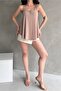 Women's U Neck Button Detailed Back Cross Strap Loose Blouse Beige - 5