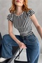 Women's Crew Neck Sleeves Flounced Back Tie Detail Striped Crop Blouse Black