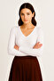 Women's Corded Fabric V-Neck Ribbed Knit White Blouse – Novelle