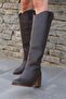 Brown Genuine Leather Look Block Heeled Women's Long Zipperless Boots