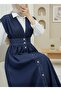 Button-Through V-Neck Sleeveless Denim Pinafore - Navy - 2