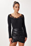 Lace Detailed Corded Fabric Knitted Blouse Lrn0002 Black - 3