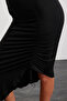 Claudia Women's Drape Semi-Shiny Stretchy Fabric Asymmetrical Long Sleeve Maxi Black Dress - 6