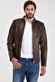 Men's Leather Jacket with Judge Collar and Shoulder Embroidery - 2