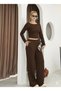 Women's Crop Long Sleeve Smocked Top and High Waist Wide Leg Brown Pants Two Piece Set 342 - 2