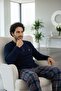Navy Blue Green Plaid Patterned Fleece Men's Pajama Set - 3