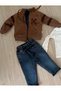 Baby Boy Suede Brown Zipper Cardigan Without Hood Pants Sweatshirt Set - 3