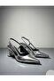 Women's Heeled Pointed Ankle Strap Silver Crinkle