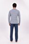 Men's Gray Navy Blue Crew Neck Special Design Jacquard Cotton Long Sleeve Pajama Set - 6
