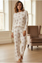 Pink Large Flower Patterned Soft Touch Winter Corded Fabric Cotton Knit Pajama Set 7956 - 2