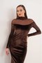 Brown Long Sleeve Transparent Collar Tulle Detailed Velvet Textured Bodycon Back Slit Long Dress - 6