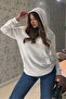 Hooded Relaxed Fit Long Women's Ecru Kangaroo Pocket Crystal Stone Three Thread Sweatshirt - 6