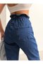 Dark Blue High Waist Double Button Waistband Drawstrain Mom Jeans - 8