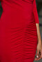 Women's Plus Size Asymmetrical Neckline Front Gathered Long Sleeve Red Stylish Curve Evening Dress - 2