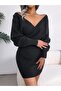Women's Long Sleeve Double-Breasted Wide Neck Mini Knitwear Dress - 2