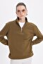 Women's Relax Fit Comfortable Cut Cotton Fleece-Lined Half-Zip Green Mock Neck Sweatshirt - 5