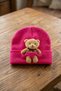 Children's Fuchsia Cute Plush Teddy Bear Figured Folded Winter Knitwear Beanie