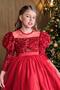 Girl's Boat Neck Sheer Tulle and Velvet Sequin Detail on the Bust Fluffy Balloon Sleeve Red Evening Dress - 6