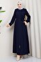 Lace-Up Embroidered Sleeve Abaya Navy Blue HM2854