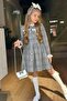 Girls' Collar and Sleeves Ruffled Full-Length Button-Down Gray-Brown Plaid Detailed Dress