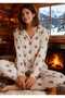 Cream Brown Stripe Detailed Teddy Bear Pattern Milan Fabric Buttoned Shirt Girls' Women's Pajama Set - 2