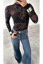 Women's Mock Neck Flog Printed Tulle Blouse