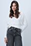 Ecru Front and Back Double-Breasted Collar Tie Detail Crop Blouse Alc-X14346 - 3