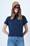 Women's Navy Blue Stand Collar Half Sleeve Knit Blouse Alc-X14628 - 7