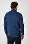 Romulo Men's Light Navy Blue Cotton Italian F Corded Fabric Half Zip D Mock Neck Regular Fit Sweater - 8