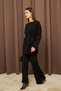 Women's Black Waist Tied Button Detailed Corded Fabric Knitwear Sweater Trousers Two-Piece Set - 4