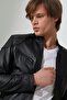 Hakim Collar Snap Fastener Leather Jacket