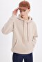 Women's Oversized Wide Cut Cotton Soft Textured Fleece Inside Basic Beige K Hooded Sweatshirt - 2