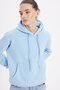 Women's Oversize Wide Cut Cotton Soft Textured Basic Blue Hooded Sweatshirt with Fleece Inside