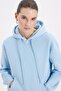 Women's Oversize Wide Cut Cotton Soft Textured Basic Blue Hooded Sweatshirt with Fleece Inside - 2