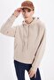 Women's Oversized Wide Cut Cotton Soft Textured Fleece Inside Basic Beige K Hooded Sweatshirt