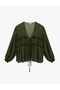 Long Sleeve Ruffled V-Neck Front Tie-Up Chiffon Blouse - 3