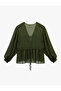 Long Sleeve Ruffled V-Neck Front Tie-Up Chiffon Blouse - 4