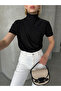 Women's Black Mock Neck Shirred Short Sleeve Sandy Fabric Blouse - 2