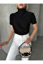 Women's Black Mock Neck Shirred Short Sleeve Sandy Fabric Blouse - 3