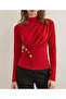 Women's Red Mock Neck Button Detailed Long Sleeve Sandy Fabric Blouse - 3