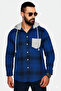 Men’s Blue Plaid Hooded Casual Shirt with Grey Pocket