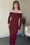 Madonna Collar Off-The-Shoulder Lace Long Sleeve Midi Burgundy Dress